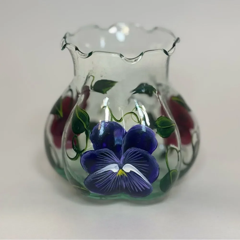 Hand-Painted Floral Glass Vase Fluted Top